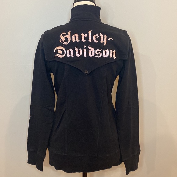 Womens Harley Davidson black full zip sweatshirt pink satin trim jeweled biker - Picture 5 of 10